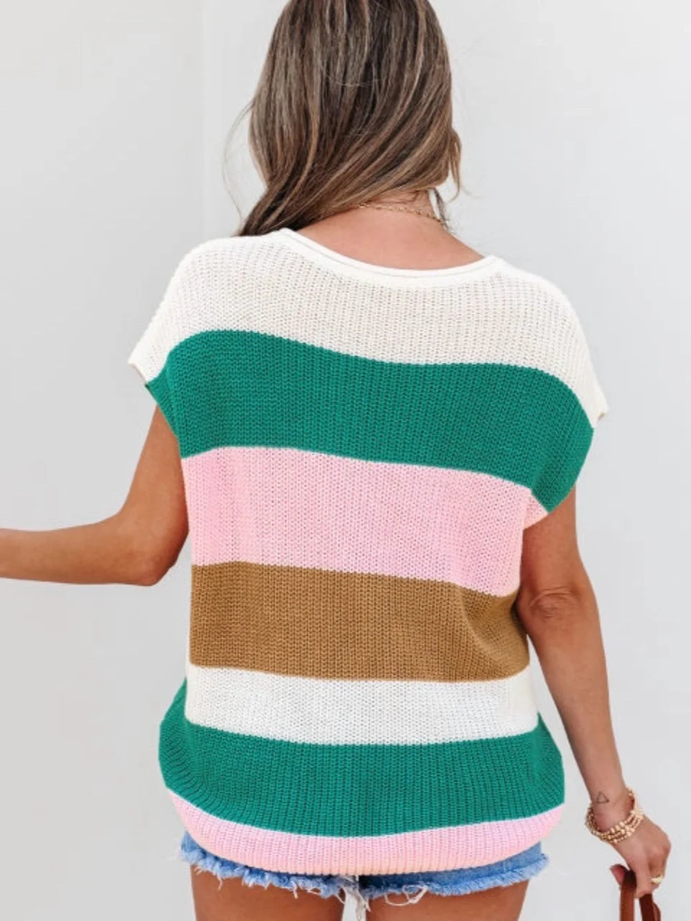 Knit Colorblock V-Neck Sleeveless Sweater Vest - Pink/Green/White